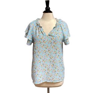 Pleione Blue Floral Flutter Sleeve Top Size Small